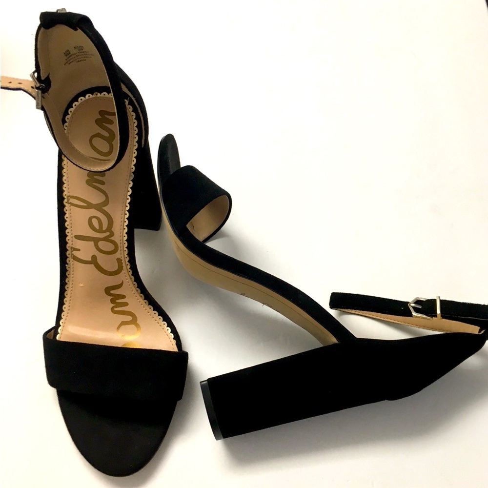 Sam Edelman Suede Leather Block Open Toe Heels Size 9 Black Formal Wedding Party